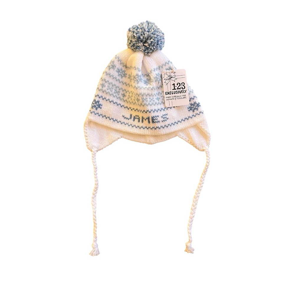 “James” Monogrammed Blue and White Knit Hat with Pom Pom